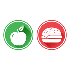 Green and red buttons. White apple and cheeseburger icon. The choice between unhealthy food and healthy food. Vector illustration