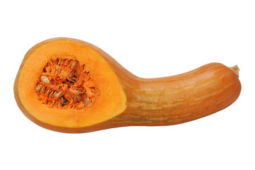 Ripe Sliced Yellow Pumpkin with seeds inside isolated on white.