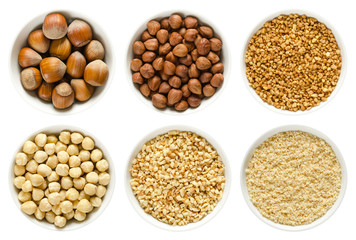 Hazelnuts in white bowls. Whole nuts, shelled, blanched and roughly chopped. Ground hazelnuts and hazelnut brittle. Corylus avellana. Macro photo, close up, from above, isolated, on white background.