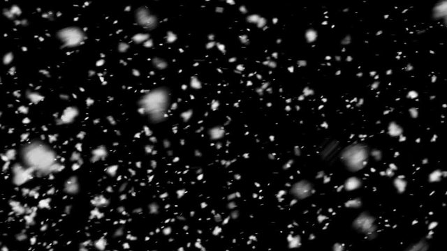 Falling snow on black background, snowy windy weather, seamless loop