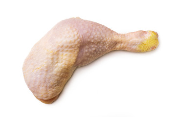 Fresh, raw chicken leg or thigh isolated on white background, top view