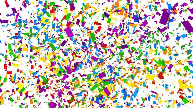 Confetti shots. Red, orange, yellow, green, blue and violet confetti falling on white background with alpha matte