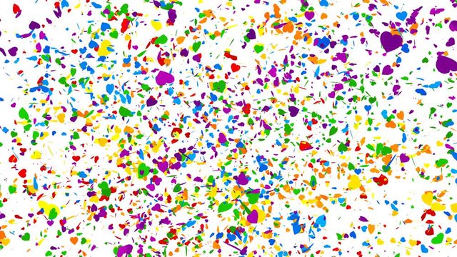 Confetti shots. Red, orange, yellow, green, blue and violet confetti hearts falling on a white background with alpha matte
