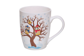 Mug with owls on the tree on a white background