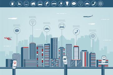 Obraz premium Urban landscape with infographic elements. Modern city. Smart city. Concept website template. Vector 