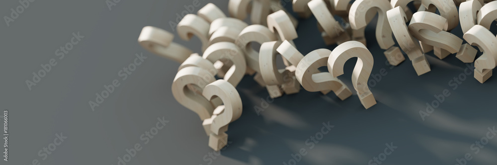 Poster infinite wooden question marks, original 3d rendering