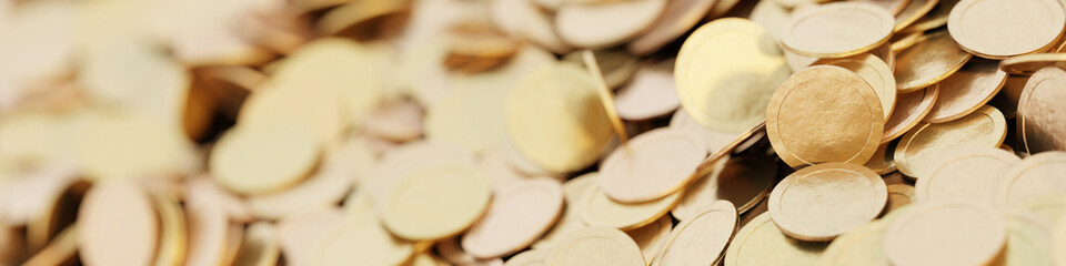 Infinite golden coins horizontal background, realistic texture, original 3d rendering background