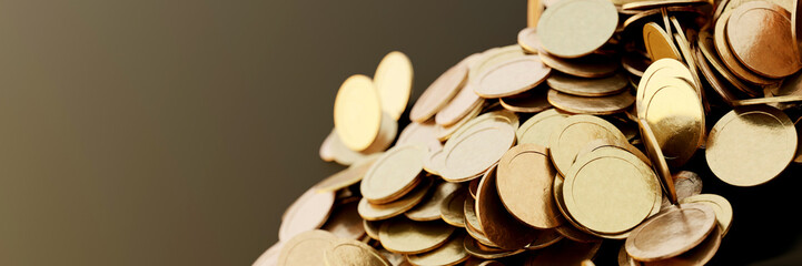 Infinite golden coins horizontal background, realistic texture, original 3d rendering background