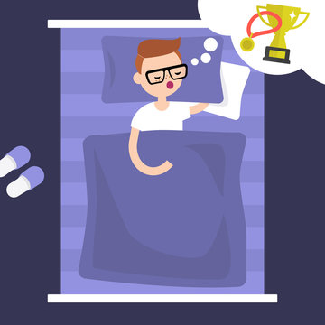 Young character seeing a dream of victory. Golden cup and medal. Desire to win. Conceptual illustration. Flat editable vector illustration, clip art
