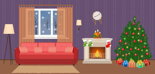Living room christmas decorated interior with christmas tree, fireplace and gifts. People at home in xmas eve.