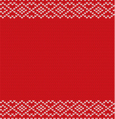 Knitted winter holiday geometric ornament with empty space for text. Knitting red color sweater texture.