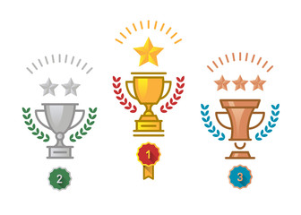 Gold, Silver and Bronze Trophy Cup, trophy Icon with stars and laurel wreath