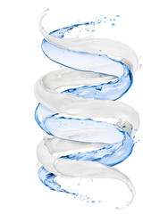 Milk and water splashes twisted into a spiral on a white background - obrazy, fototapety, plakaty