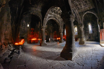 GEGHARD MONASTERY, ARMENIA - AUGUST 04, 2017: Geghard Monastery Mystic Interiors