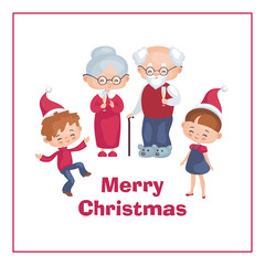 Greeting card with the image of the grandmother of the grandfather and the grandkids celebrating Christmas. Vector illustration in cartoon style.