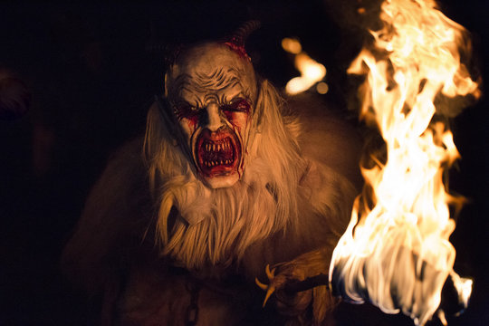  Krampus during the traditional festival., Tarvisio, Julian alps, Italy