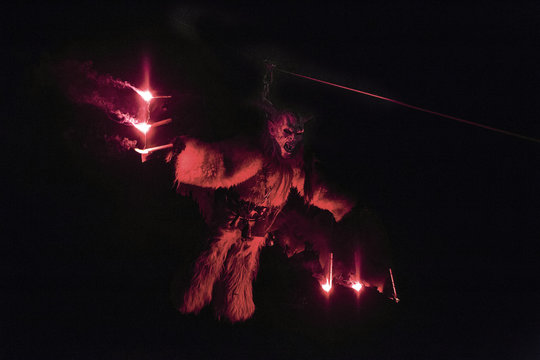  Krampus during the traditional festival., Tarvisio, Julian alps, Italy