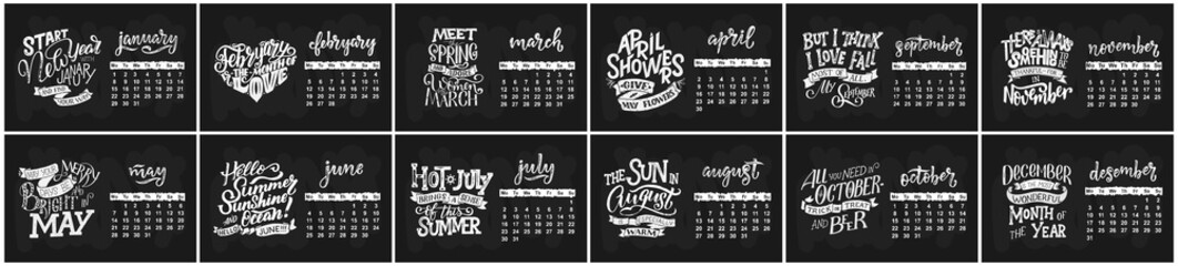 Vector calendar for months 2 0 1 8. Hand drawn lettering quotes for calendar design
