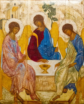 Casorate Primo, Italy. October 26 2017. The icon of the Holy Trinity (also called The Hospitality of Abraham) according to that painted by Andrei Rublev in the 15th c. Santo Vittore Martire Church.