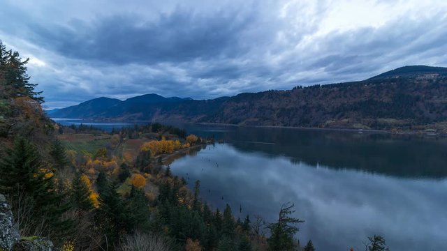 Ultra High Definition 4k time lapse movie of Columbia River Gorge in Hood River Oregon from Ruthton Point during evening blue hour in fall season USA America 3840x2160 UHD