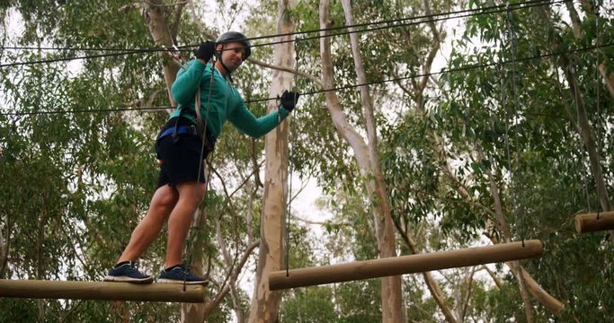 Trainer walking on the logs 