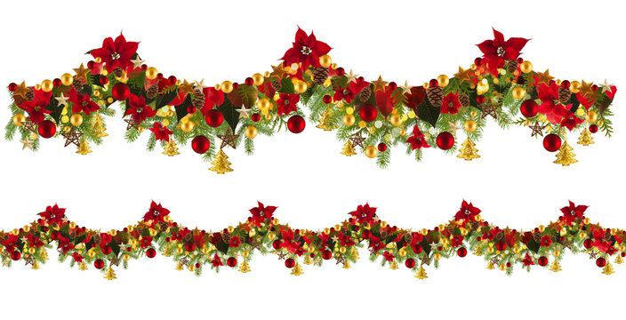 Christmas garland background with golden stars and poinsetta, free space for your text