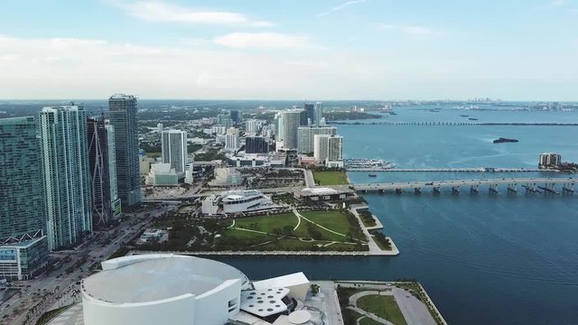 aerial shot of the phillip and patricia frost museum of science near at museum park on the background of skyscrapers and ocean,sunny isles beach,miami