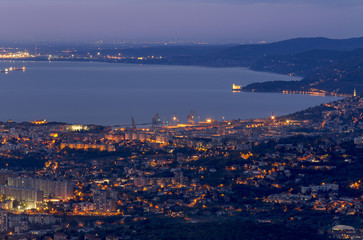 View from above of Trieste and Miramare castle at twilight, Friuli Venezia Giulia, Italy