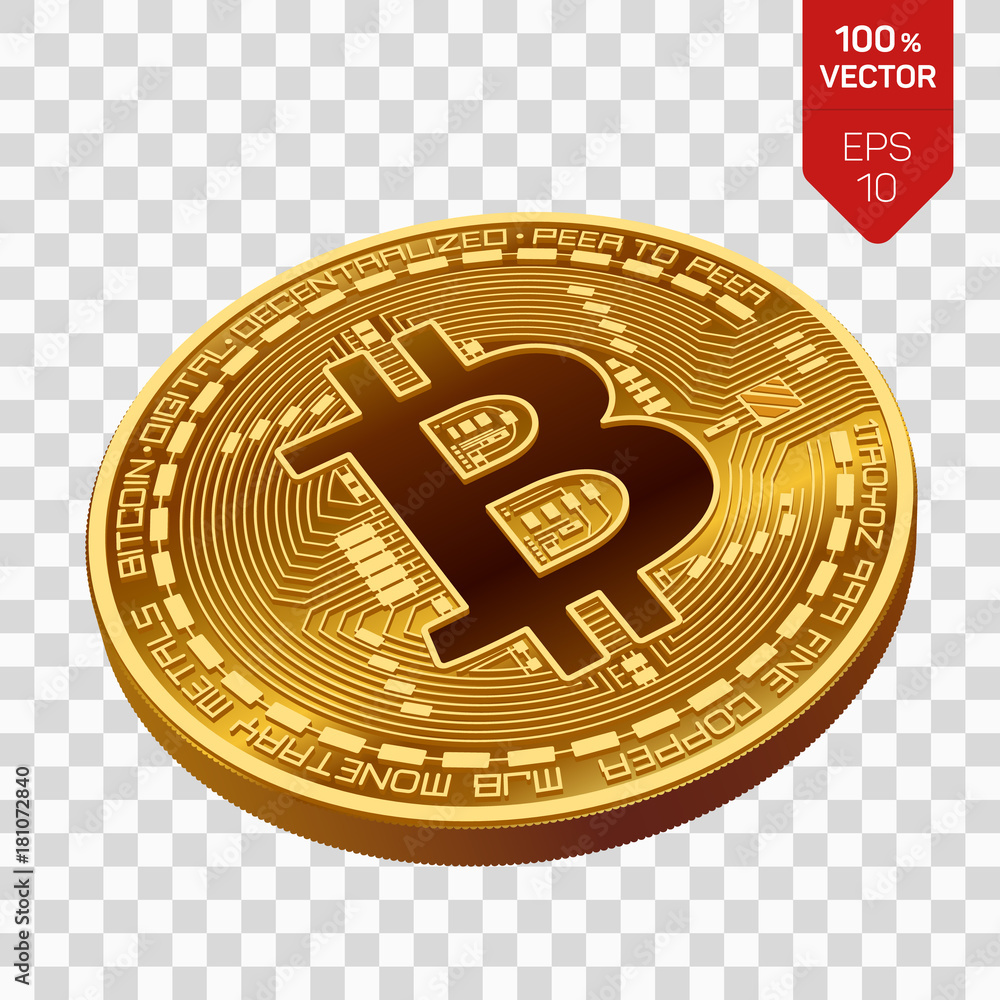Poster bitcoin. 3d isometric physical bit coin. digital currency. cryptocurrency. golden coin with bitcoin 
