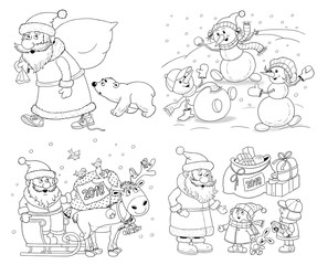Ney Year. Christmas. Coloring page. Illustration for children. Cute and funny cartoon characters