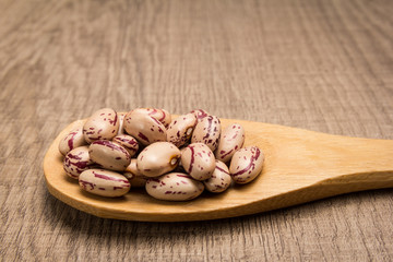 Sugar Bean legume. Grains in wooden spoon. Rustic.