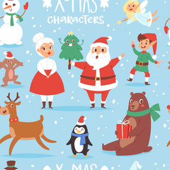 Christmas vector characters cute cartoon Santa Claus, snowman, Reindeer, Xmas bear, Santa wife, dog New Year symbol, elf child boy and penguin individual characteristics seamless pattern background