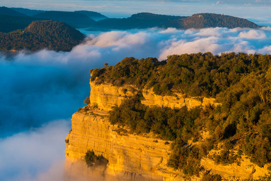 Cliffs in the Tavertet abyss covered with fog at dawn in the Collsacabra area