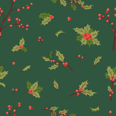 Christmas holly berry decoration vector leaves tree set, Xmas traditional Holly Berry symbol leaf icon branch illustration seamless pattern background