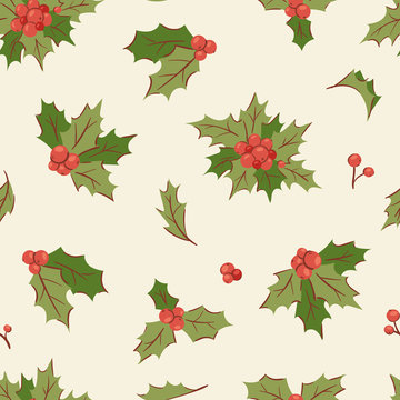 Christmas holly berry decoration vector leaves tree set, Xmas traditional Holly Berry symbol leaf icon branch illustration seamless pattern background