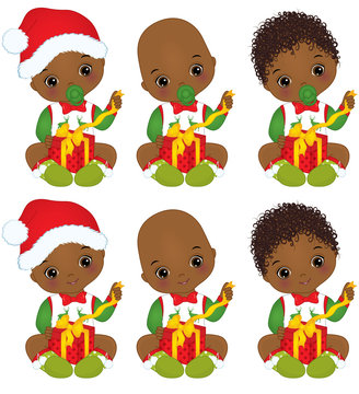 Vector Cute African American Baby Boys Wearing Christmas Clothes