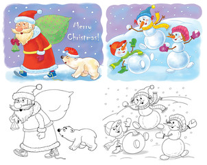 Obraz premium Ney Year. Christmas. Coloring page. Illustration for children. Cute and funny cartoon characters