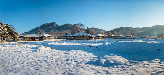 Oeam village of Asan beautifully with white snow down. Panorama