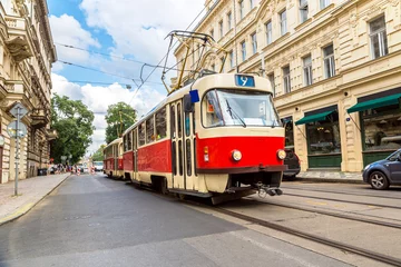 Fotobehang Prague red Tram detail, Czech Republic © Sergii Figurnyi