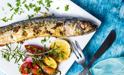 Roasted mackerel fish portion on a plate