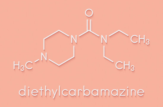 Diethylcarbamazine anthelmintic drug molecule. Skeletal formula.