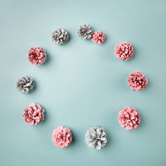 Circle frame of Xmas decorative pine cones, creative flatlay
