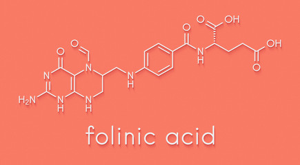 Folinic acid (leucovorin) drug molecule. Used as adjuvant during cancer chemotherapy with methotrexate. Skeletal formula.