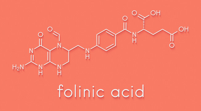 Folinic acid (leucovorin) drug molecule. Used as adjuvant during cancer chemotherapy with methotrexate. Skeletal formula.