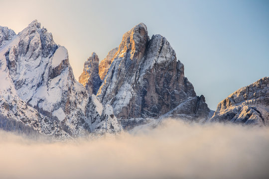 Cima Dodici at Winter sunrise, Sexten Dolomites, Italy