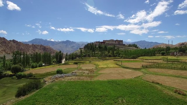 Buddhist Monastery / Aerial view of Buddhist Monastery in a beautiful valley, flying over a Buddhist Monastery. Himalaya, Ladakh, Drone. 