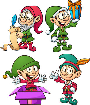 Cute cartoon Christmas elves. Vector clip art illustration with simple gradients. Each on a separate layer.