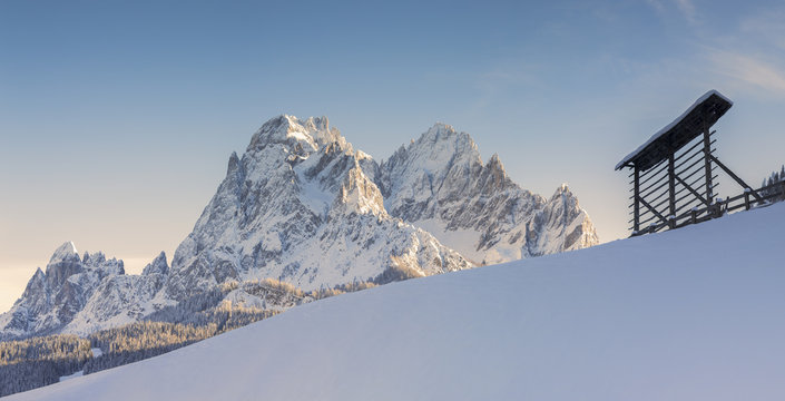 Arfa of Sesto with Croda Rossa peak in winter time, Pusteria valley, dolomites, Italy