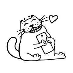 Cute cat loves his smartphone. SMS came from a loved one. Vector Illustration.