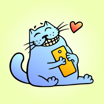 Cute happy blue cat hugs a gift
 smartphone. Vector Illustration.